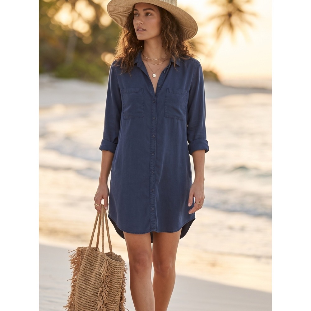 Bella Dahl Navy Hipster Shirt Dress Tencel Lyocell Long Sleeve Relaxed XS $172
